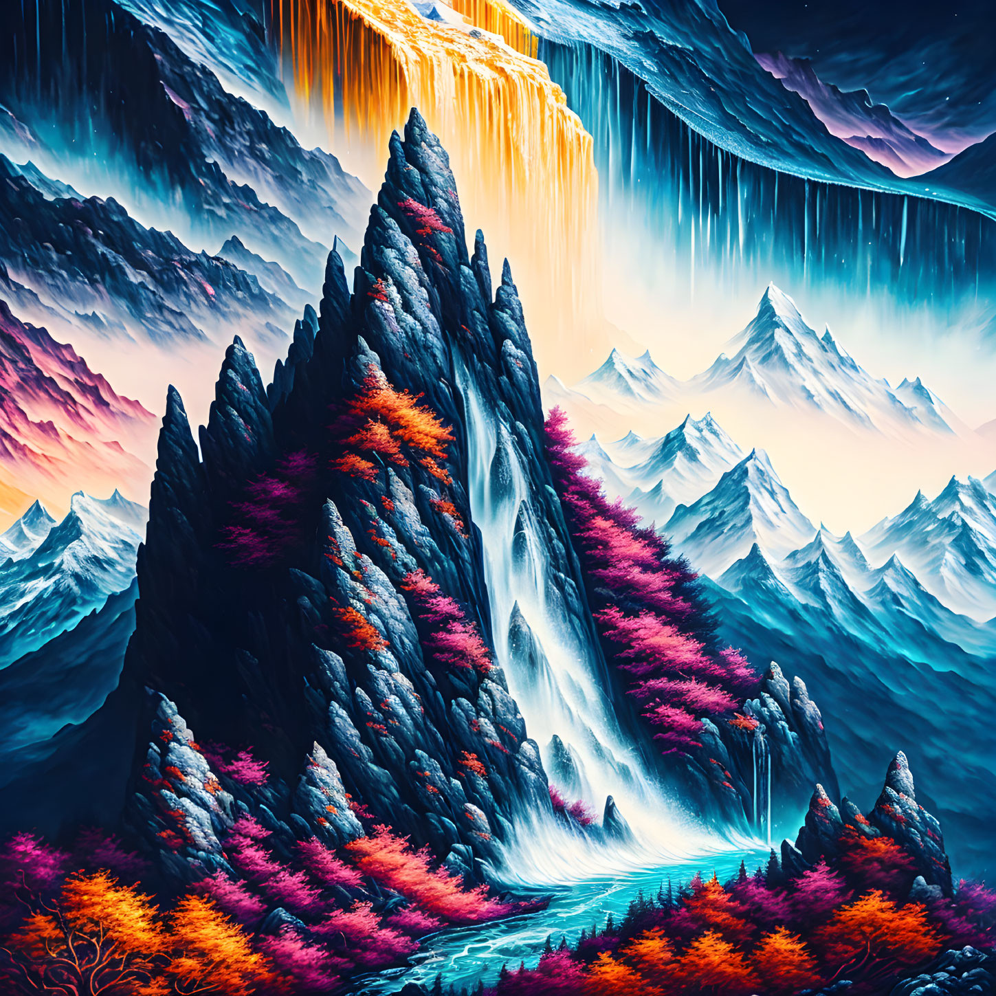 Fantastical landscape with towering mountain, waterfalls, colorful forests, snowy peaks, twilight sky