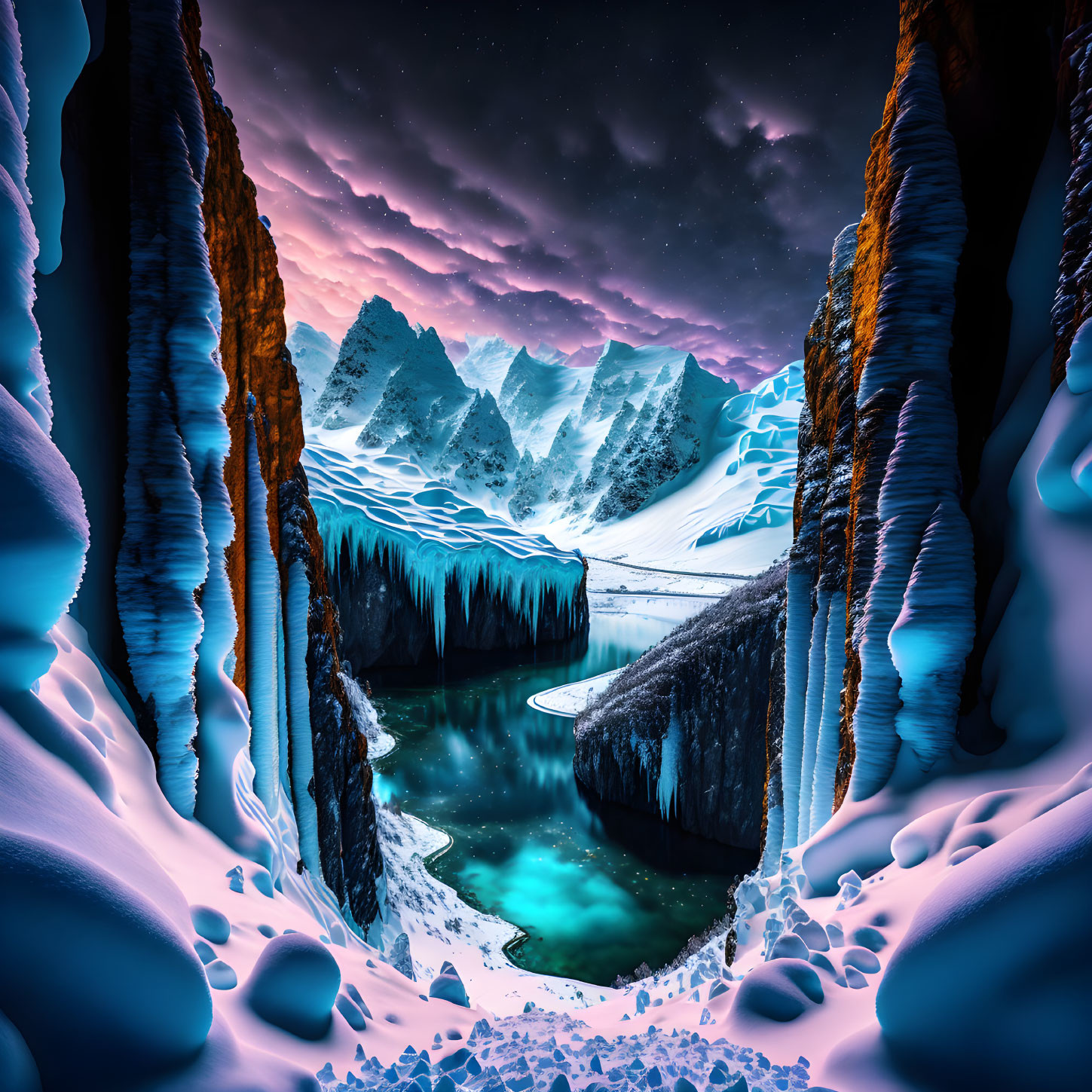 Surreal night-time landscape with towering ice formations, snow-covered mountains, green lake, star-st