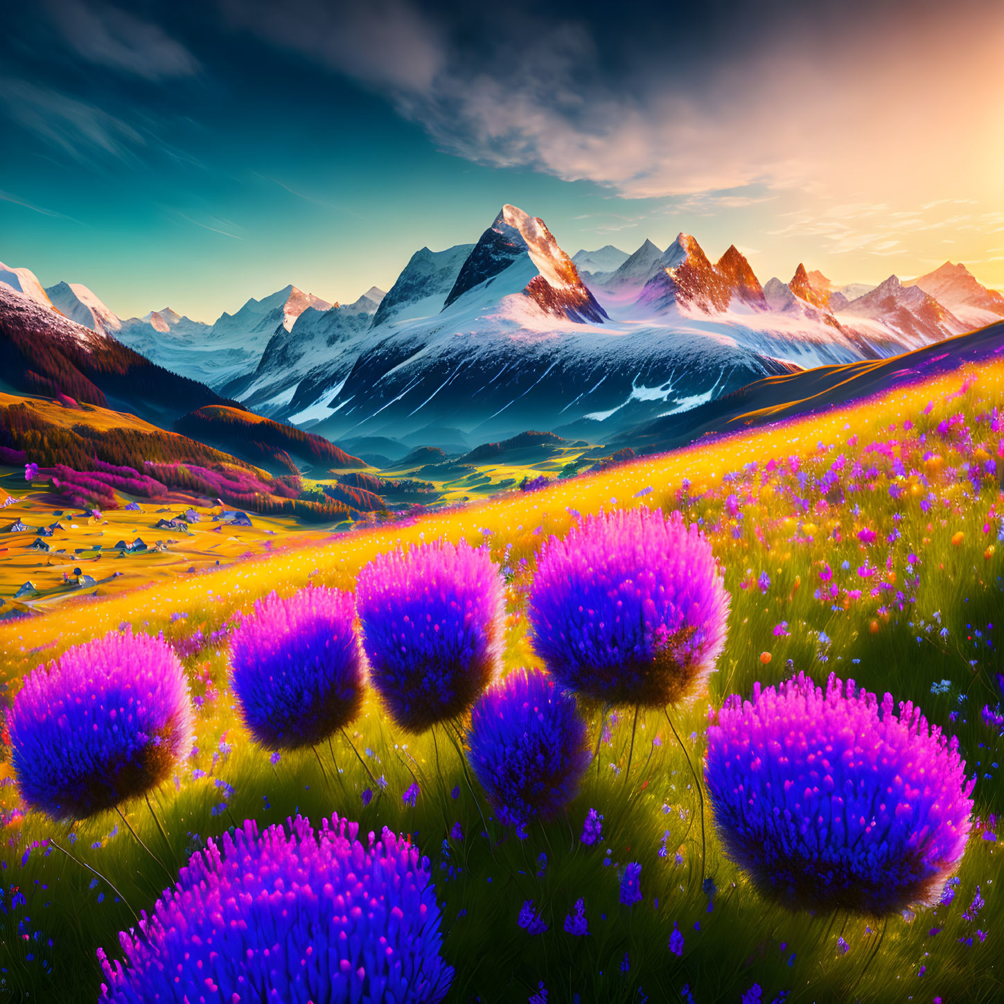 Majestic snow-capped mountains backdrop vivid purple flowers in glowing meadow