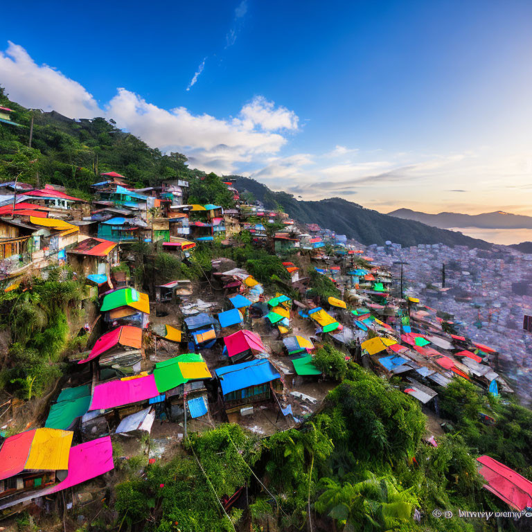 Colorful Hillside Shanty Town Rooftops Amid Greenery and Blue Sky
