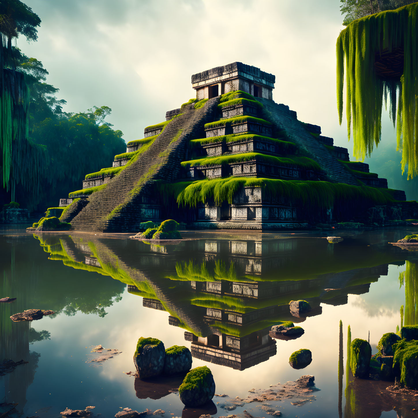 Ancient Mesoamerican Step Pyramid in Lush Surroundings