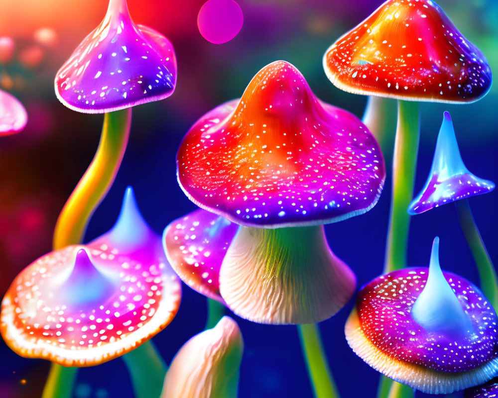 Colorful Glowing Mushrooms on Blurred Background
