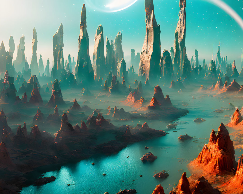 Surreal alien landscape with rock formations, blue lake, and distant planet with rings.