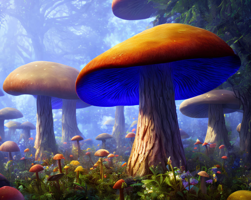 Colorful Oversized Mushrooms in Vibrant Fantasy Forest