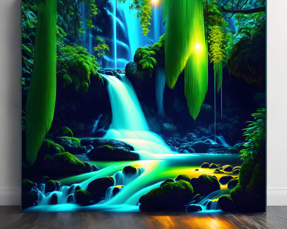 Vibrant waterfall painting with blue waters and forest backdrop
