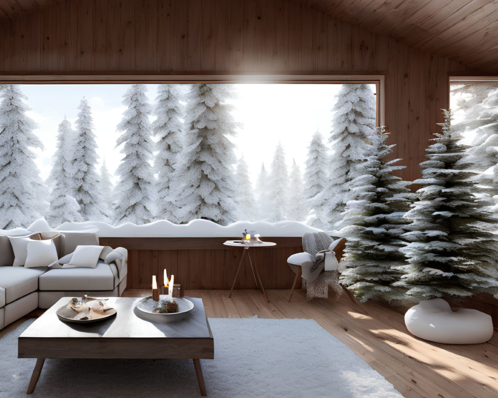 Snowy forest view from cozy wooden cabin interior with white sofas and candles