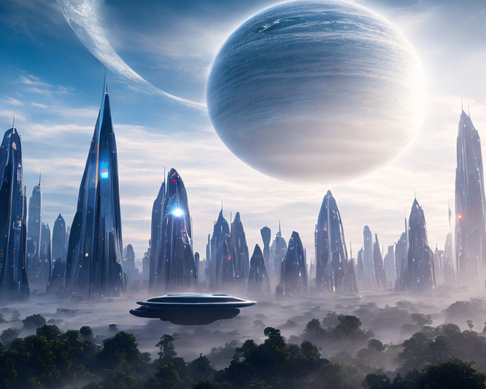 Futuristic cityscape with towering buildings and alien sky.