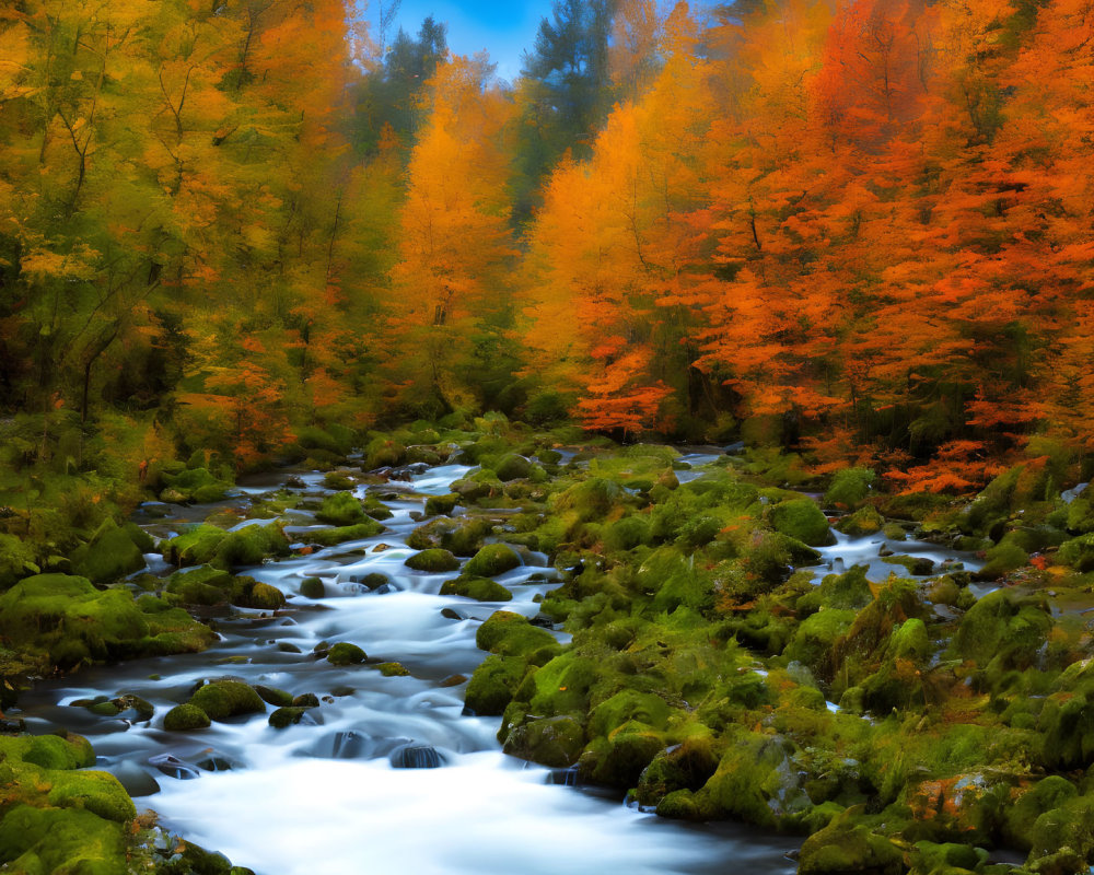 Tranquil autumn stream with vibrant foliage and moss-covered rocks
