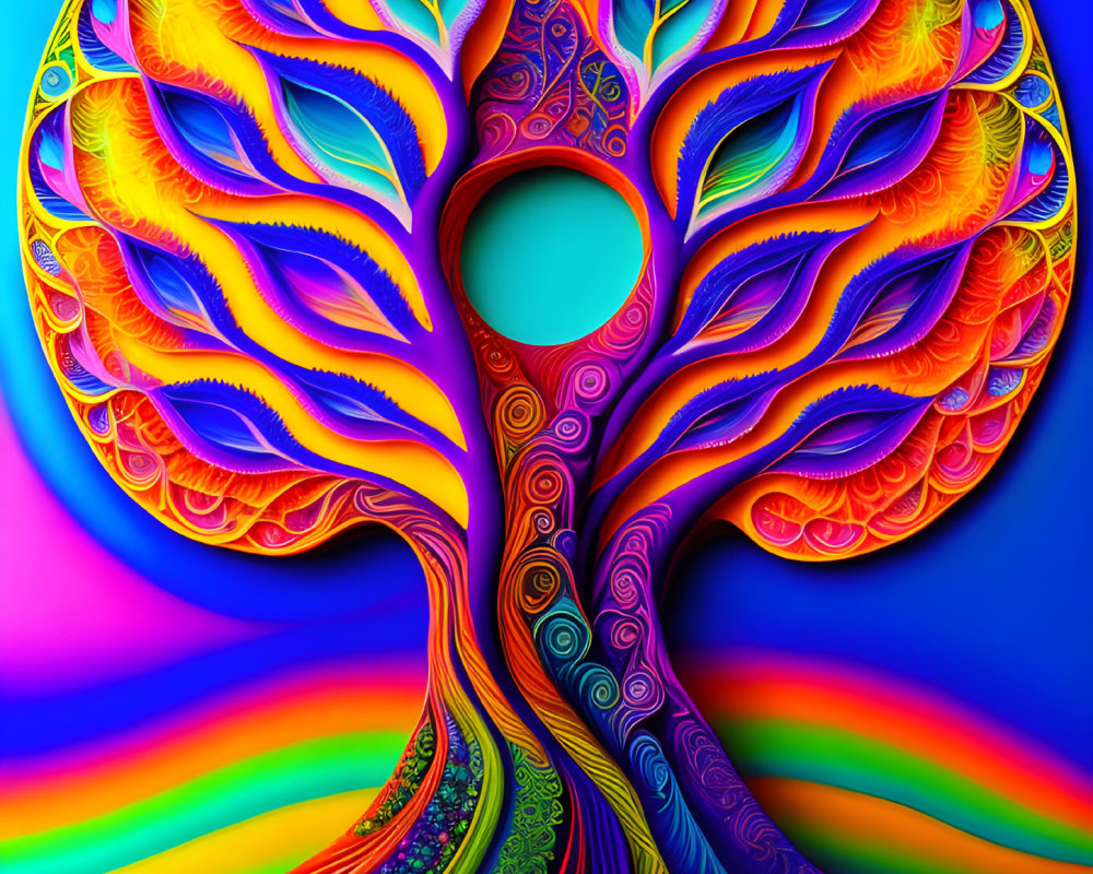 Colorful psychedelic tree illustration on blue background