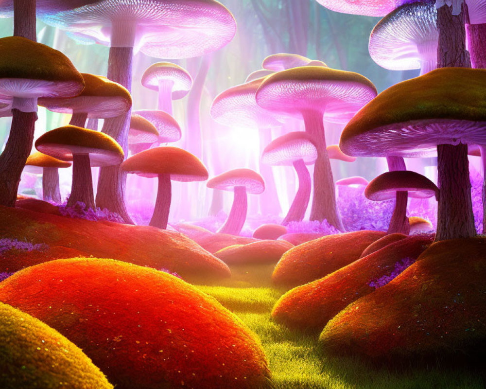 Enchanting forest with oversized luminescent mushrooms in purple and pink glow