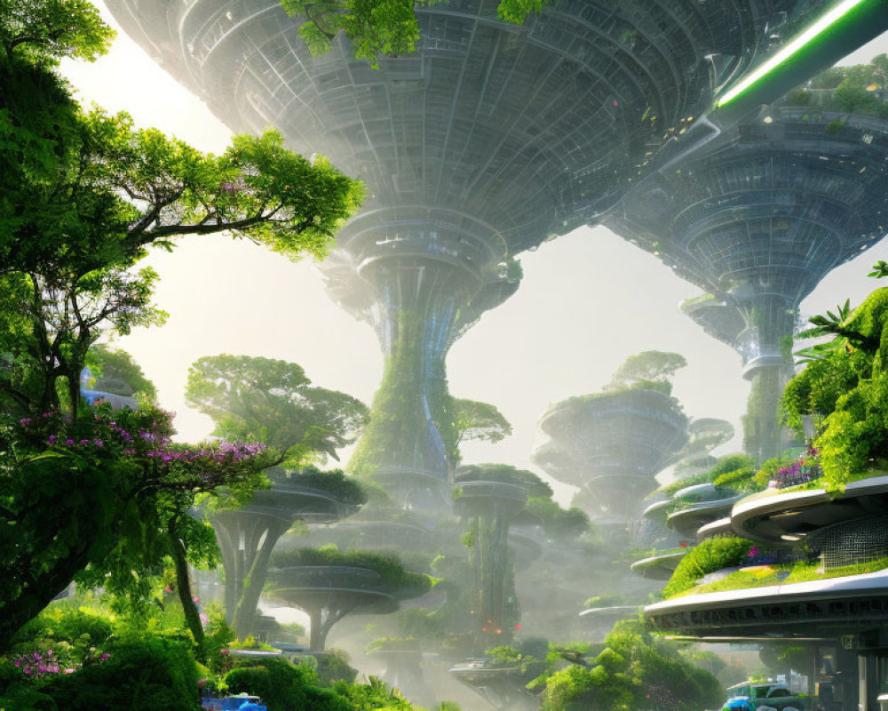 Futuristic towers amid lush greenery and vibrant forest scene