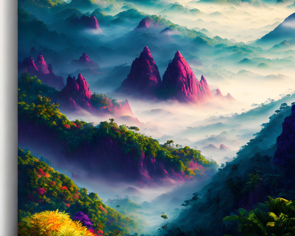 Colorful digital artwork of misty mountains with pink peaks and a flying bird.