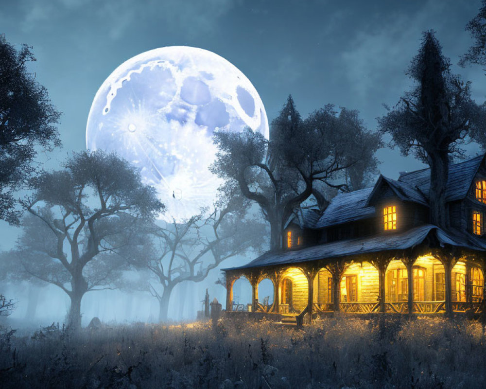 Moonlit Scene: Bright Moon, Trees, Illuminated House & Misty Landscape