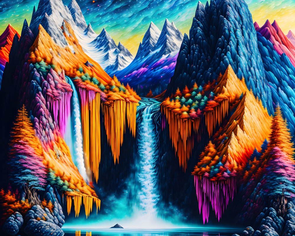 Colorful digital artwork: surreal neon landscape with mountains, waterfalls, lake
