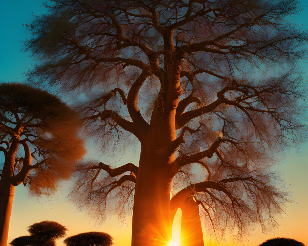 Savanna sunset with baobab tree silhouettes and orange sky