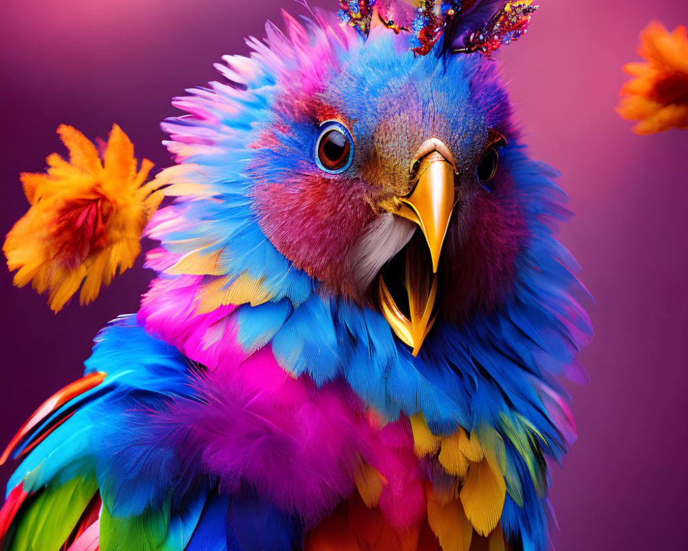 Colorful fantasy bird with golden beak and jewel accents