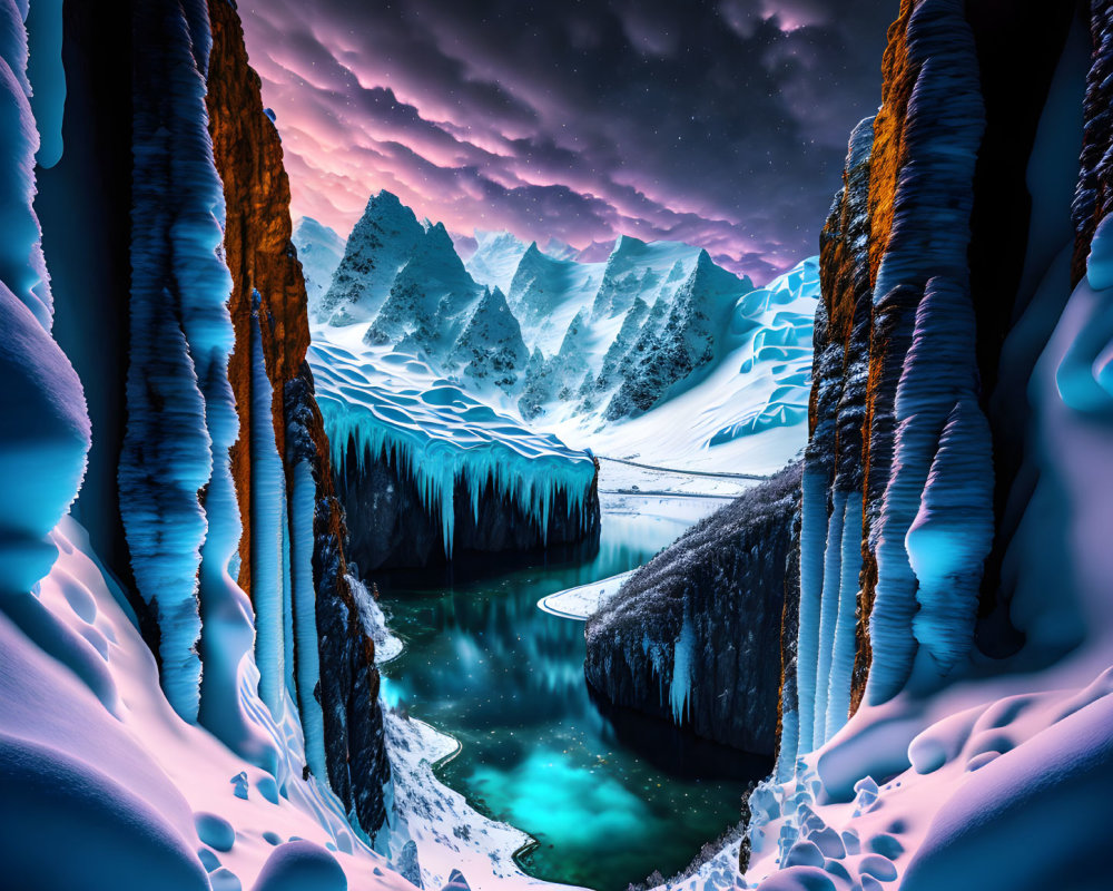 Surreal night-time landscape with towering ice formations, snow-covered mountains, green lake, star-st