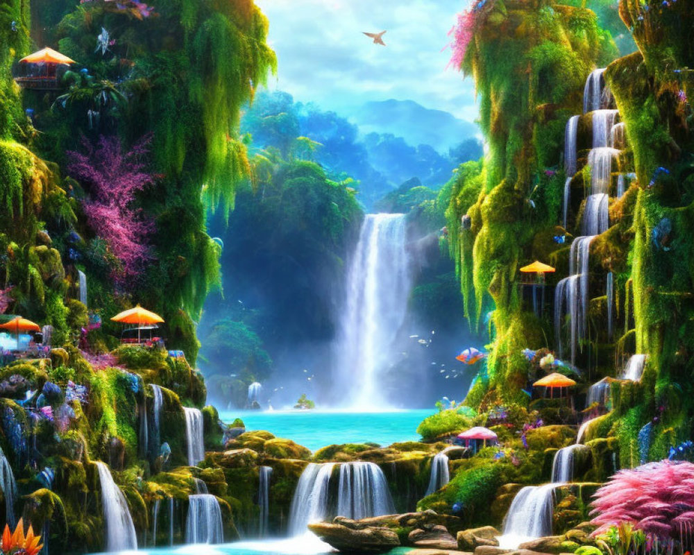 Colorful fantasy landscape with waterfalls, greenery, flora, structures, and butterflies