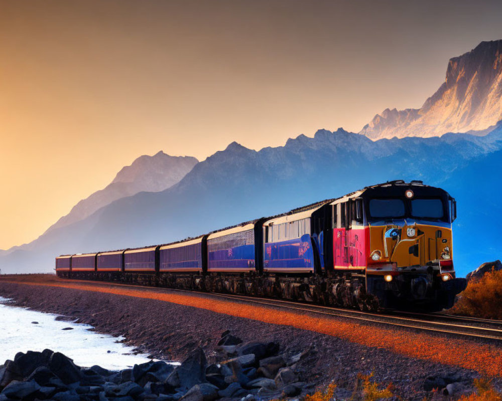 Scenic passenger train journey at sunset with mountain backdrop