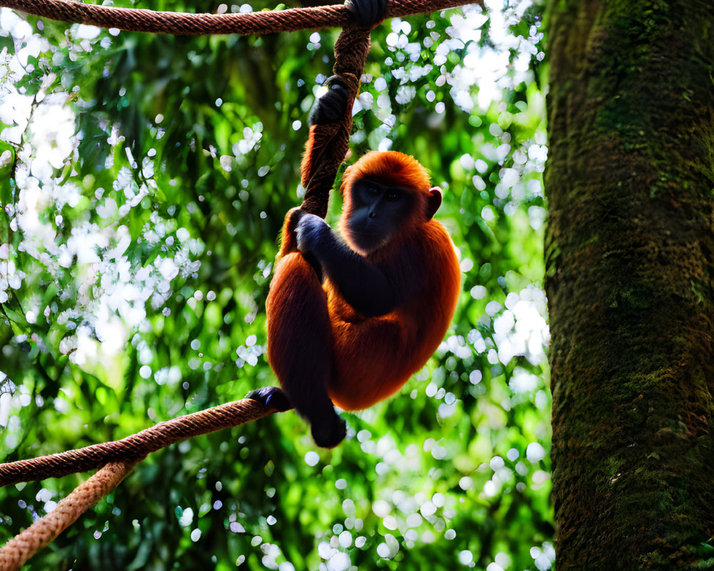 Red-haired monkey hanging on thick rope in lush green foliage