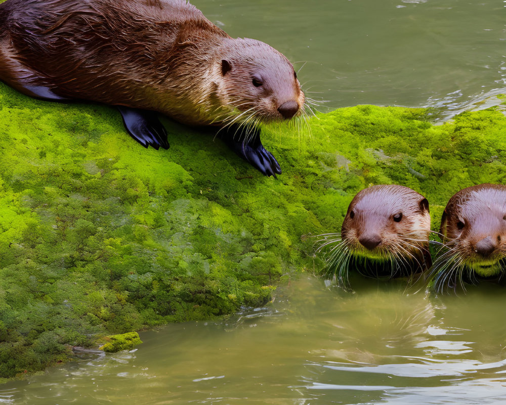 Three otters on moss-covered edge near water, one on bank, two in water