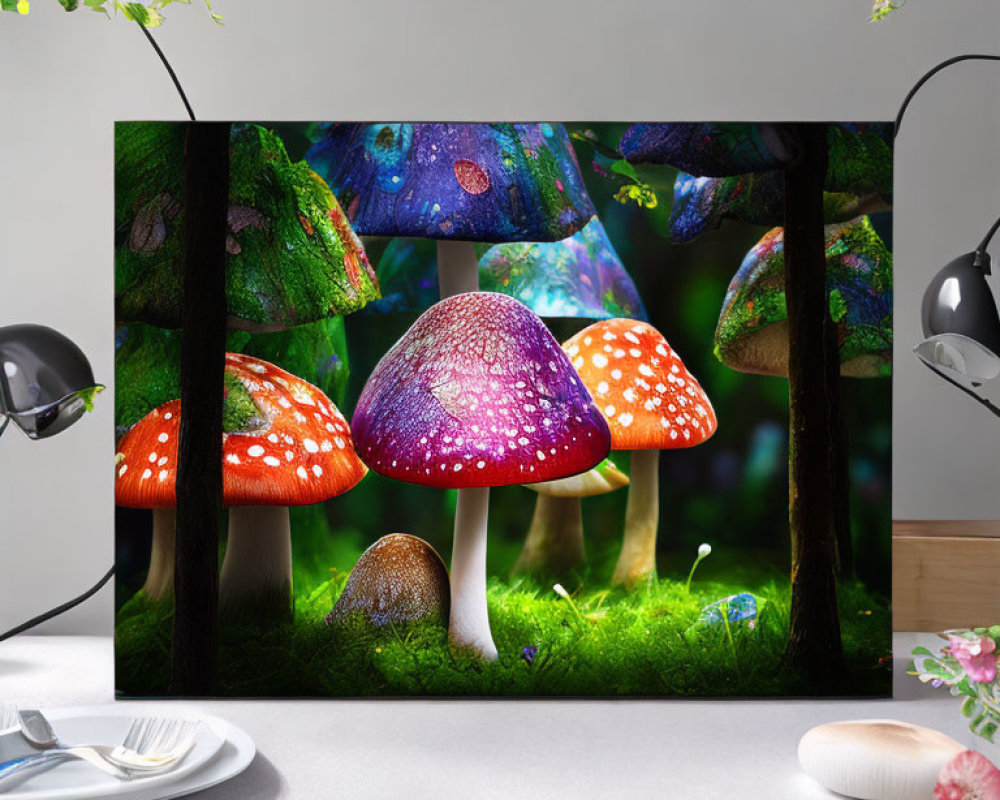 Colorful Mushrooms Digital Illustration on Canvas in Minimalist Room Decor