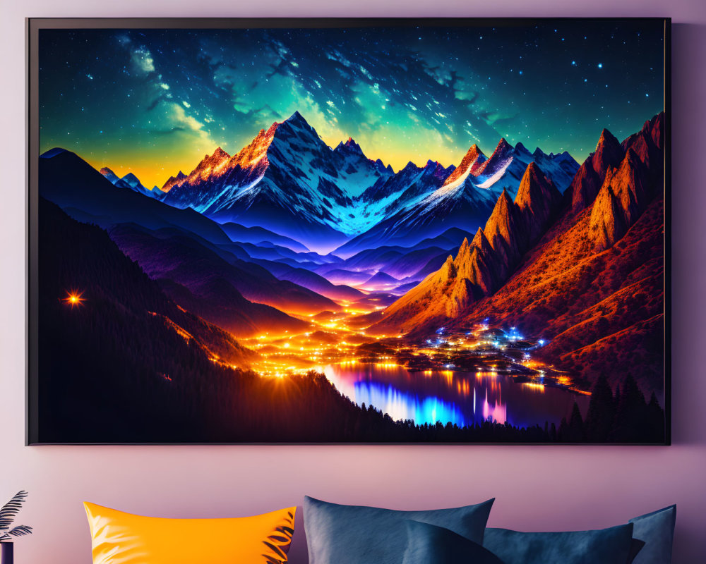Mountainous Landscape Wall Art with Starry Sky and Luminous Lake for Modern Room Decor