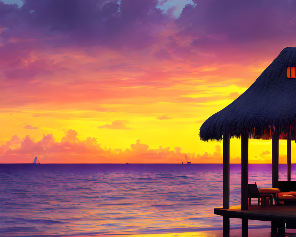 Colorful sunset over calm sea with boat silhouettes and thatched-roof hut on pier