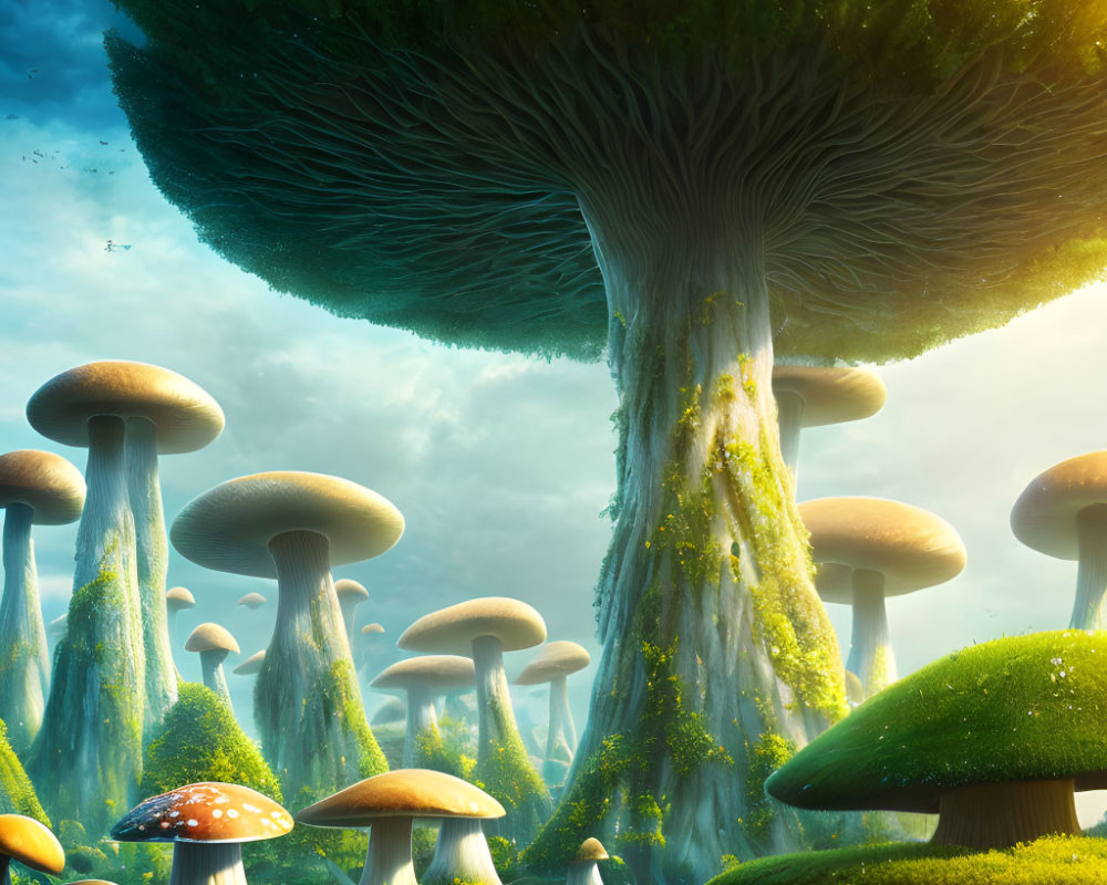 Enormous mushrooms and giant tree in magical forest with birds and sunbeams