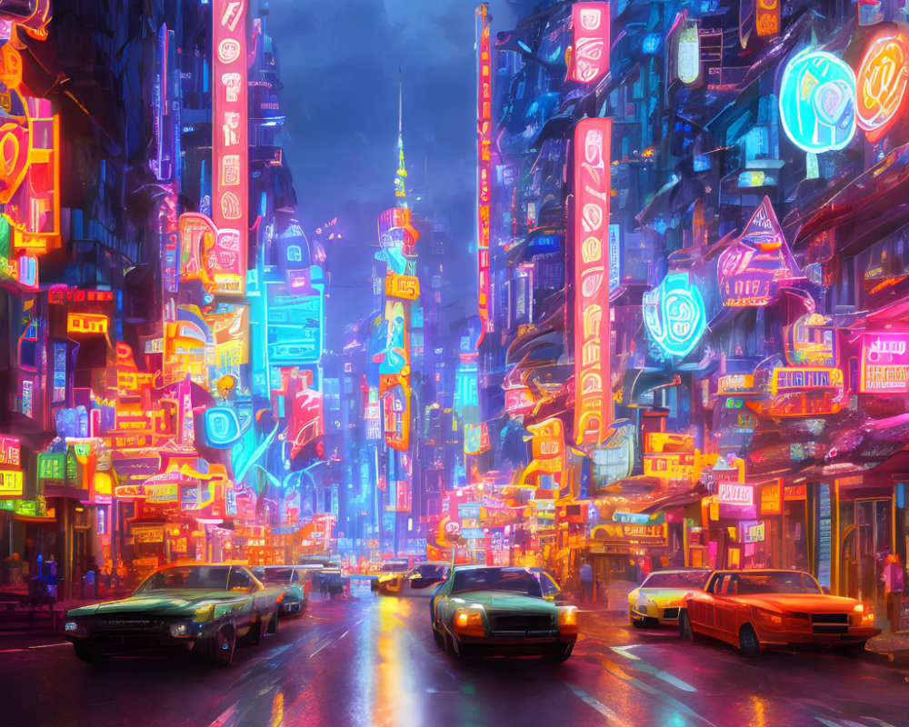 Vibrant neon-lit futuristic cityscape at dusk with wet streets and cars