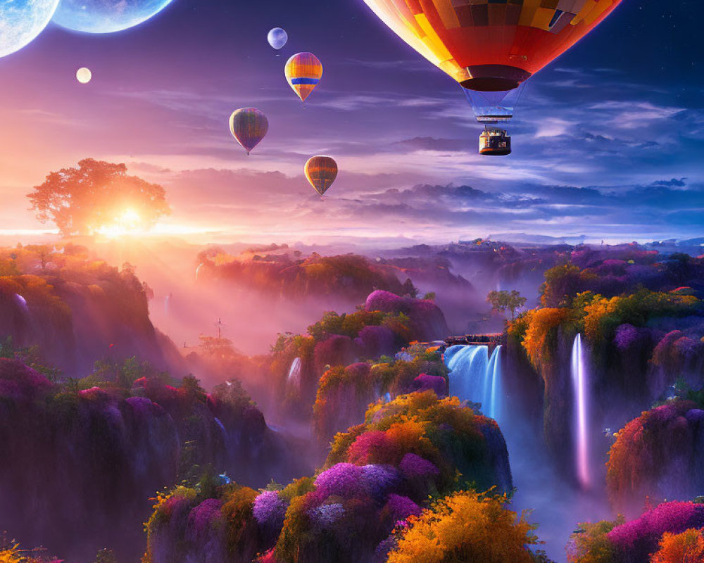 Colorful sunrise scene with waterfalls, hot air balloons, and celestial bodies.