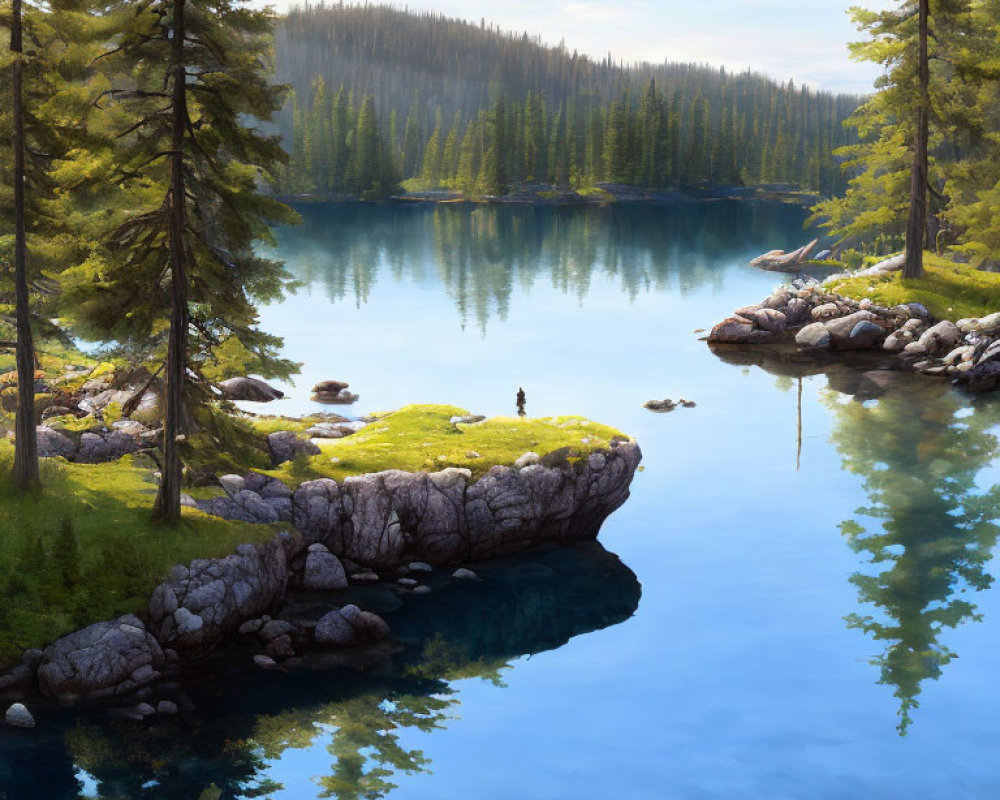 Tranquil lake with evergreen trees, clear reflection, and person on rocky outcrop
