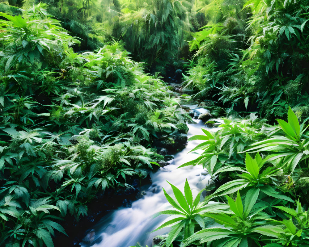 Tranquil stream amidst lush cannabis plants