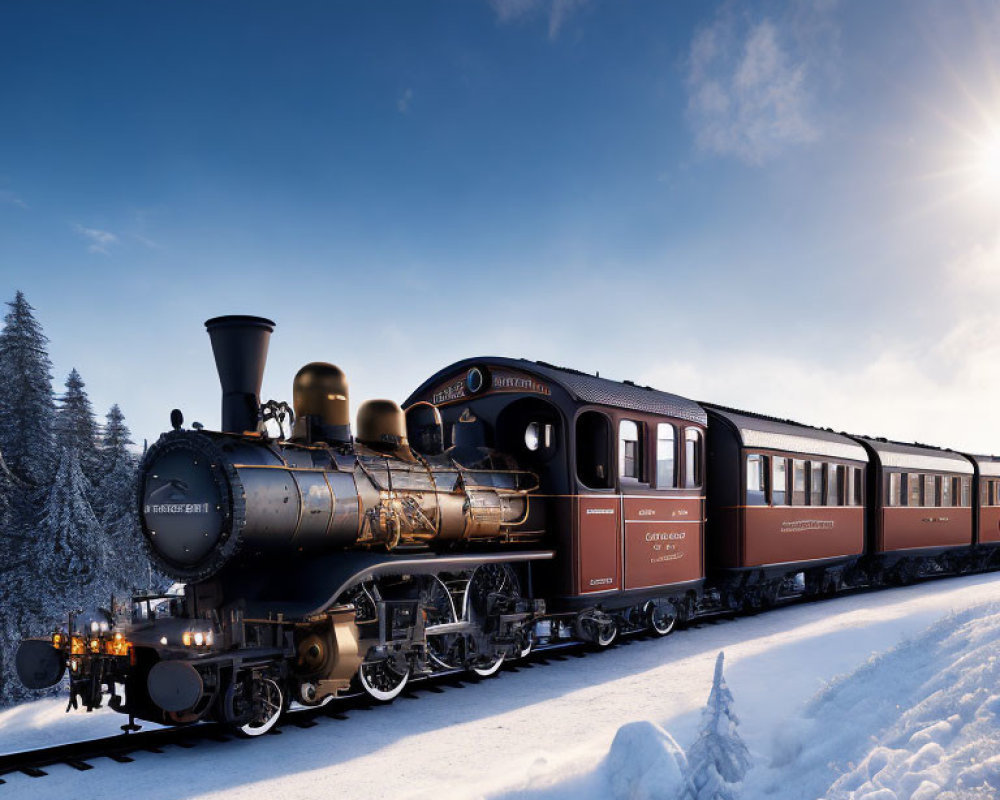 Vintage steam locomotive and passenger cars on snow-covered tracks in wintry forest.
