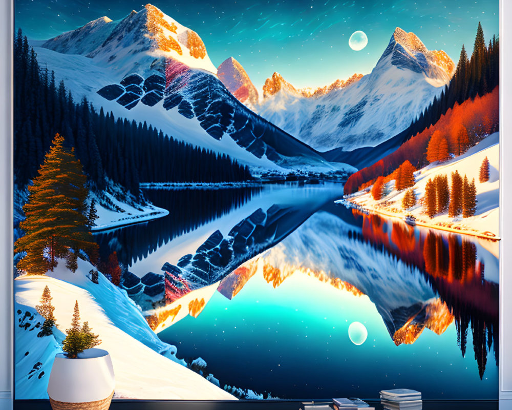 Digital Artwork: Snow-Capped Mountains, Starry Night Sky, Full Moon, Autumn Trees