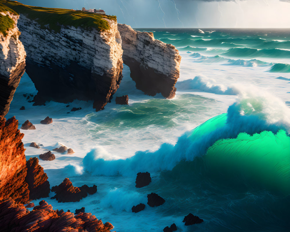 Stormy Coastal Scene: Lighthouse, Cliffs, Waves, Lightning