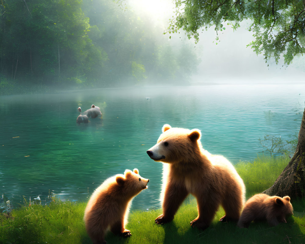 Bear and cubs by misty forest lake with swan couple in soft sunlight