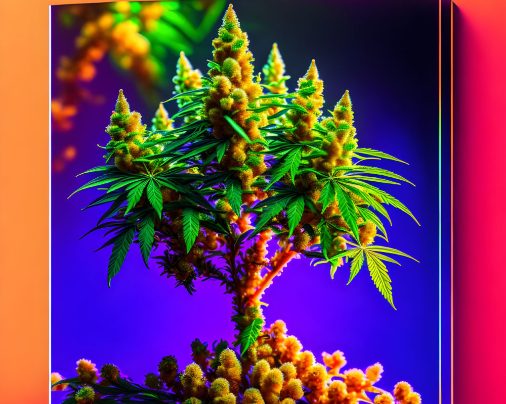 Colorful Canvas Print: Cannabis Plant Close-Up with Neon Purple and Orange Background