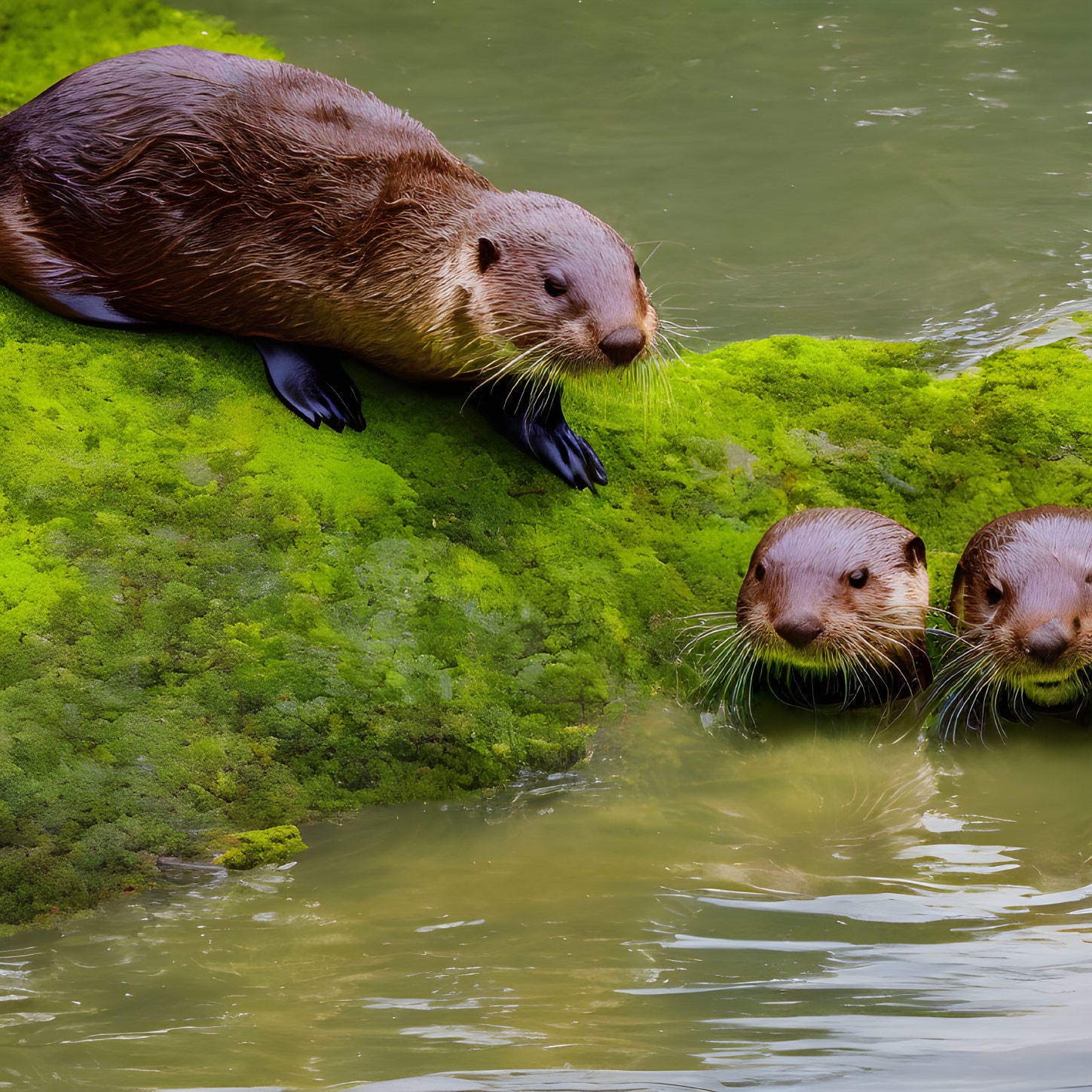 Three otters on moss-covered edge near water, one on bank, two in water