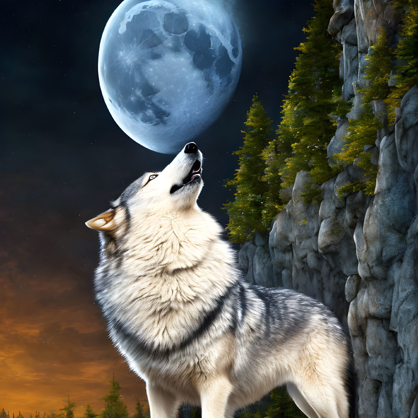 Wolf howling at full moon in twilight sky with pine trees and rocky cliff