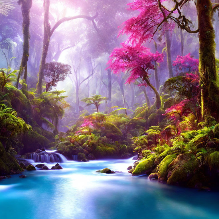Vibrant pink foliage, lush greenery, serene blue stream in misty forest