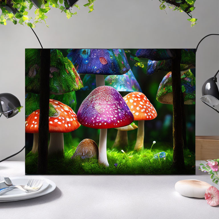 Colorful Mushrooms Digital Illustration on Canvas in Minimalist Room Decor