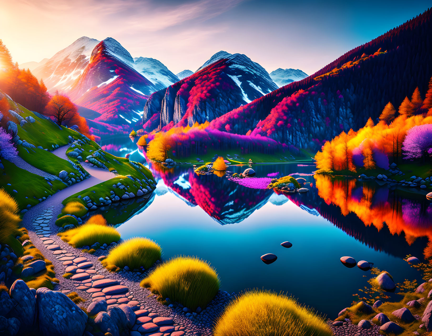 Colorful Trees Reflected in Mirror-Like Lake Amid Majestic Mountains