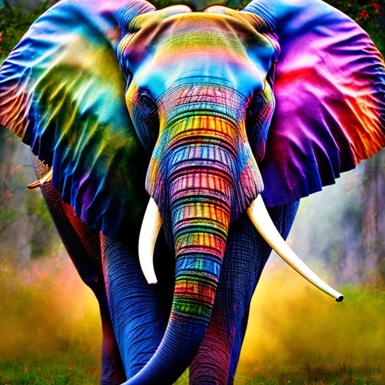 Colorful Elephant Walking with Rainbow Ears and Trunk