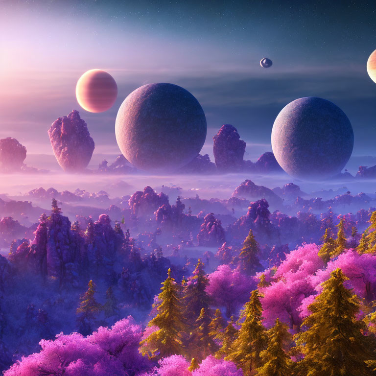 Fantastical landscape with purple foliage under a celestial sky