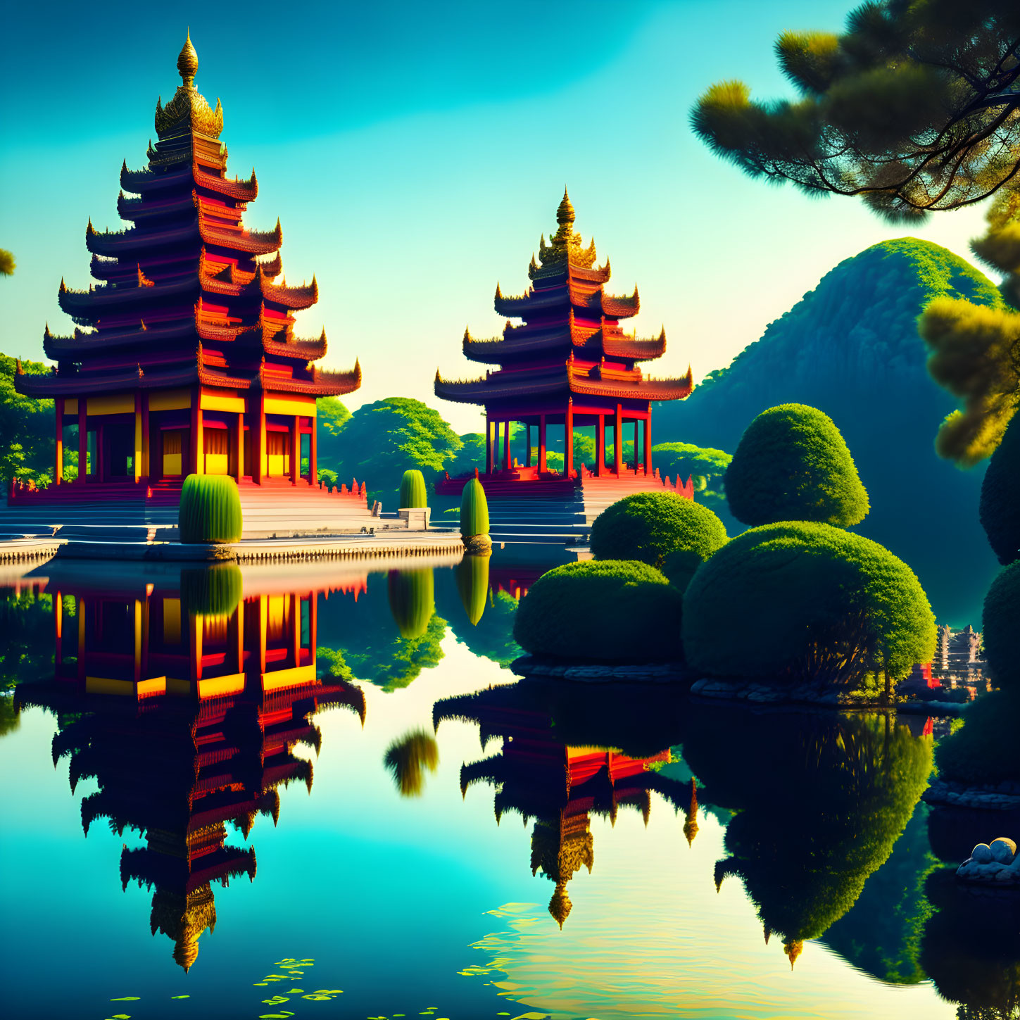 Traditional Asian pagodas by a calm lake in serene landscape