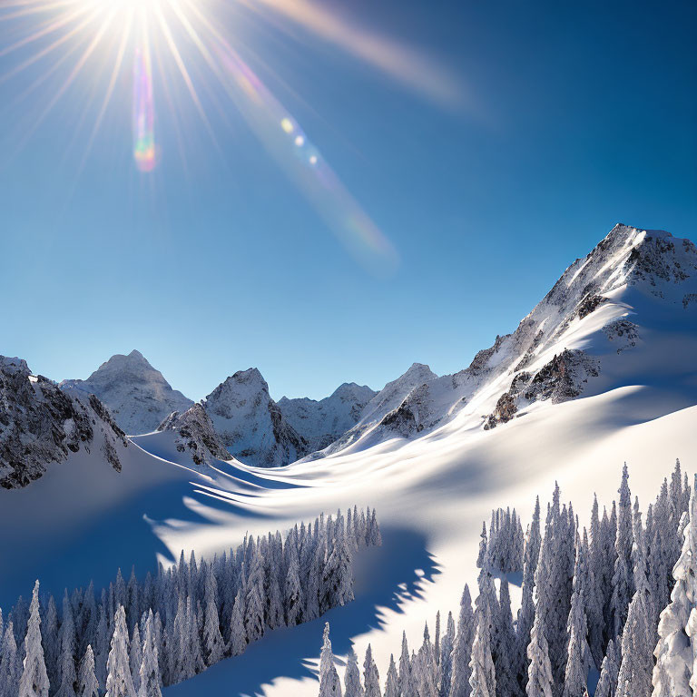 Snow-covered mountains, frosty pine trees, and bright sun in winter landscape