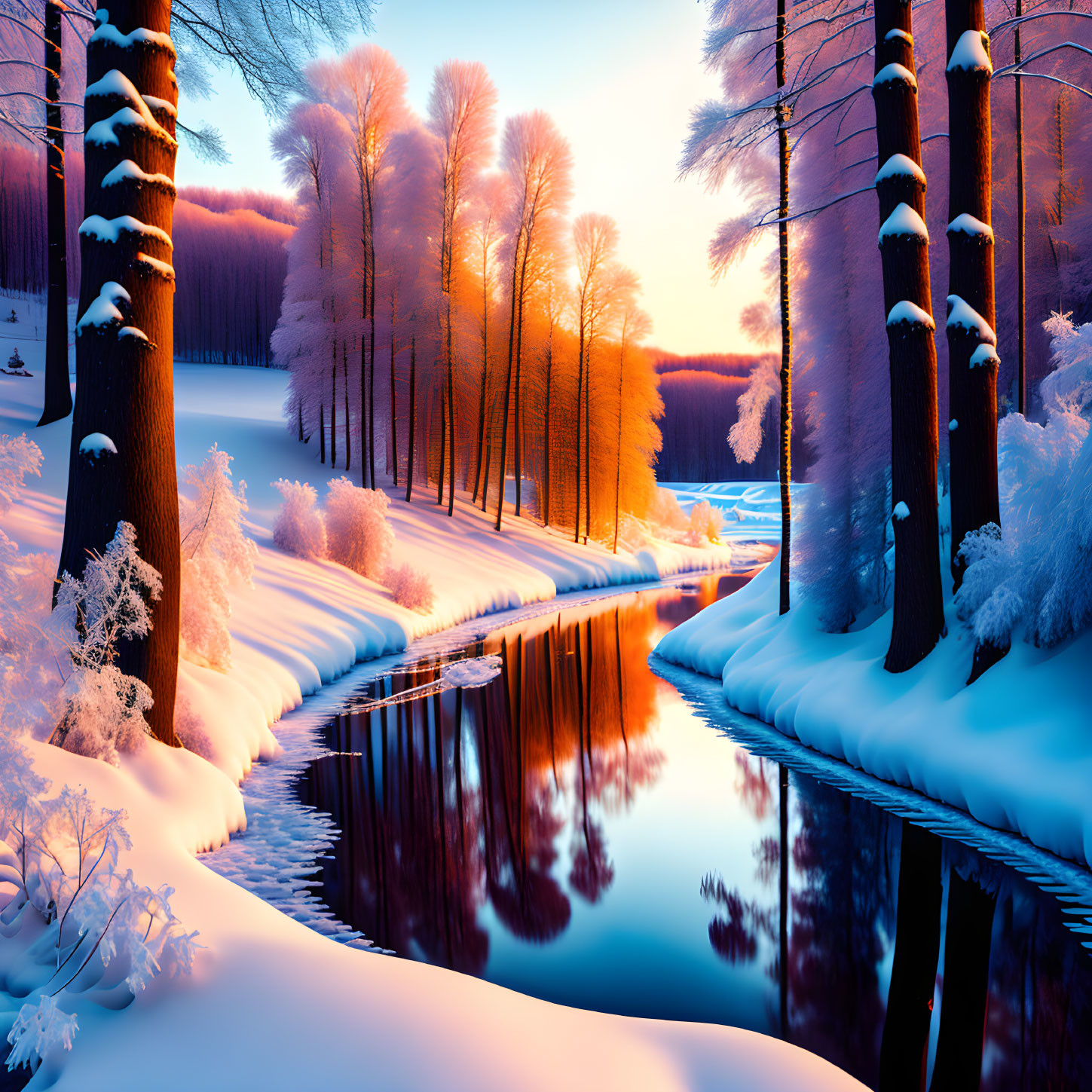 Snow-covered Trees and River at Sunset in Winter