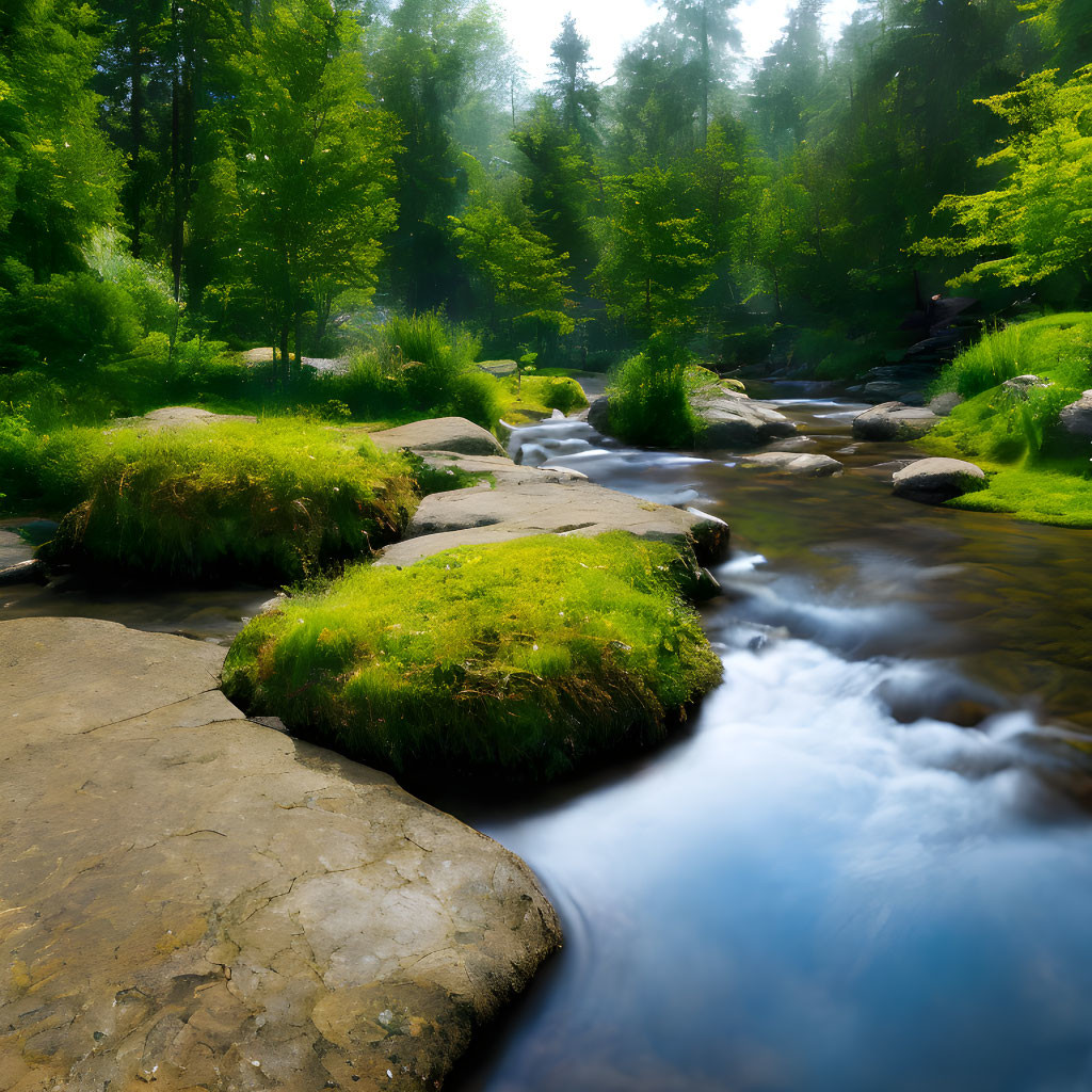 Tranquil stream in lush green forest with sunlight, rocks, and mossy banks