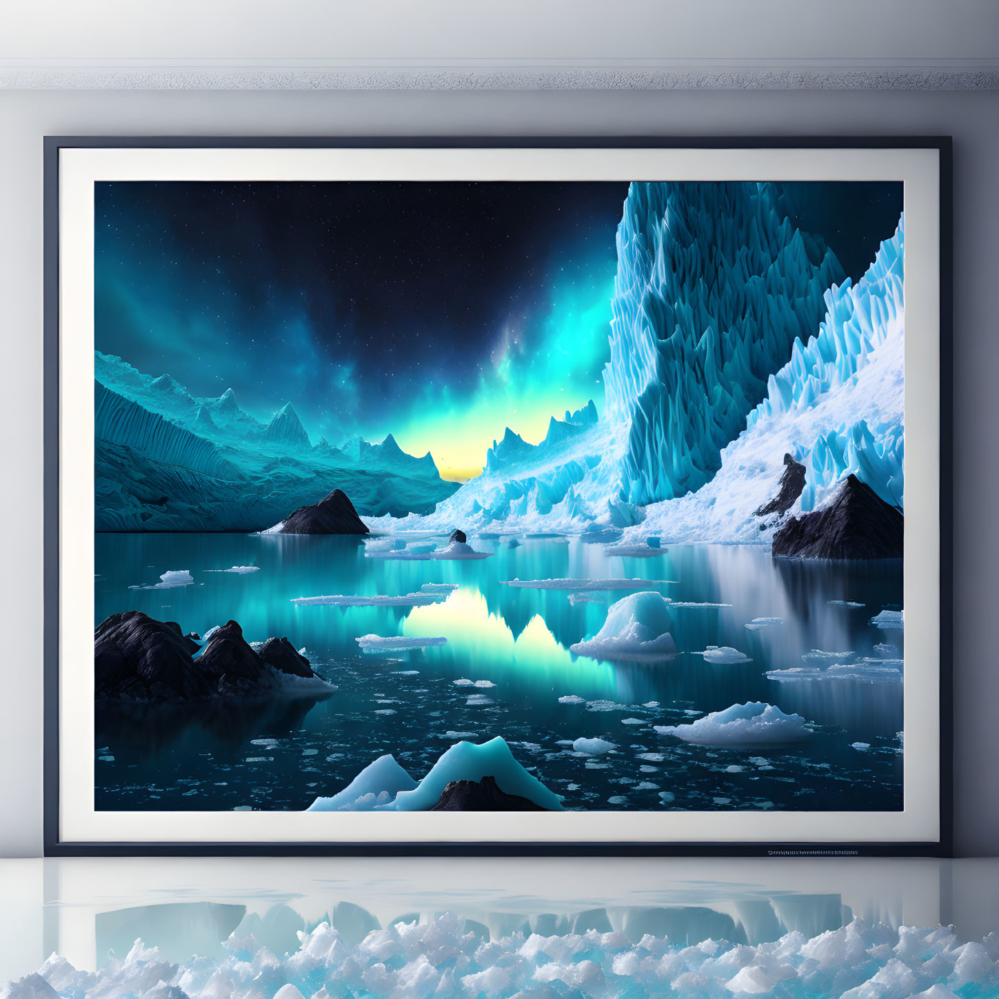 Polar landscape with aurora borealis displayed in room
